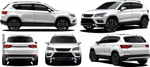 Realistic Vector Car SUV Isolated white color and 3d perspective with transparency gradients with front, back and side view.