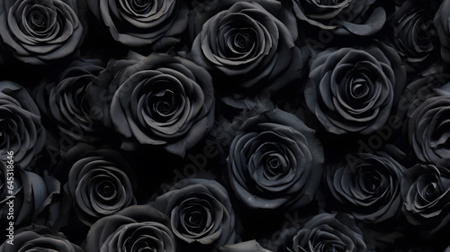 Seamless pattern. black roses beautifully arranged in top view. The theme is that black roses represent the meaning of unrequited love couples, broken heart, mourning and death.