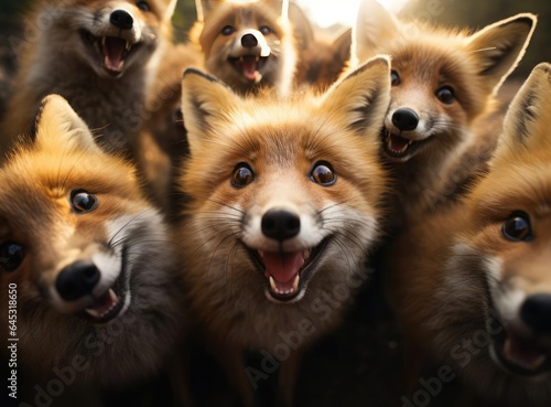 A group of foxes looking at the camera © cherezoff