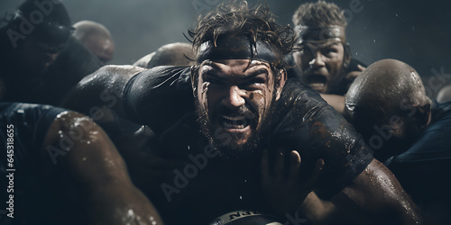 Rugby player in the middle of a scrum closeup action shot with cinematic tone effect - Fictional faces - generative ai