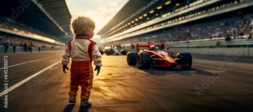 Child racer. Boy race car driver walking on road or Formula 1 race track. Backlit shot daytime, sky. Future dream job for kid. Copy space. Starting point or winner. Spectators in the stand or stadium. photo