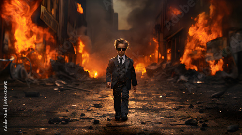 The boy wears a black suit and dark glasses. He is handsome and cool. Walking on the street amid explosions, fire, and the ruins of buildings. In the style of filming a movie.