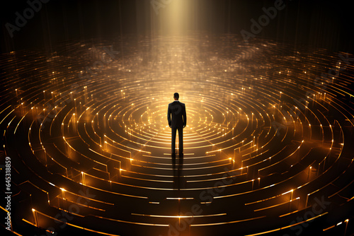 Target success a ceo or businessman in black standing back on a circle maze or labyrinth black dark background with shining light. Concept is exit, planning, strategy, expertise and organization.