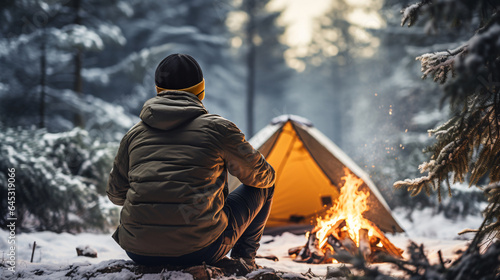 A man wearing a winter hoodie and a wool hat sits warming himself by a fire in a snowy pine forest with a bonfire, tent and the morning sun. The concept is traveling, hiking alone, getting lost.