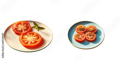 Tomato slices attempting to dry on plates from a bird s eye perspective transparent background