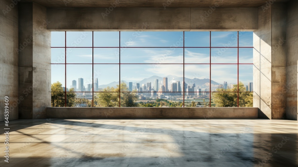 Fototapeta premium Interior of empty open space room in modern urban building for office or loft studio. Concrete walls and floor, home decor. Floor-to-ceiling windows with city view. Mockup, 3D rendering.