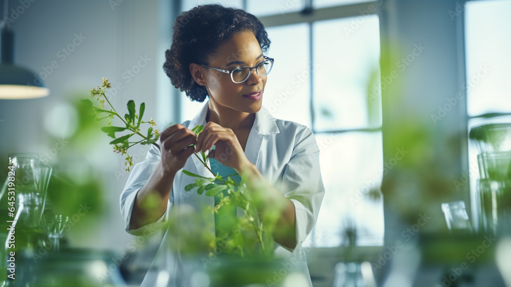 Biologist scientist african woman researcher. Happy scientist, technology or green plant sustainability for growth innovation agro. Biotechnology concept with scientist in lab. - obrazy, fototapety, plakaty 