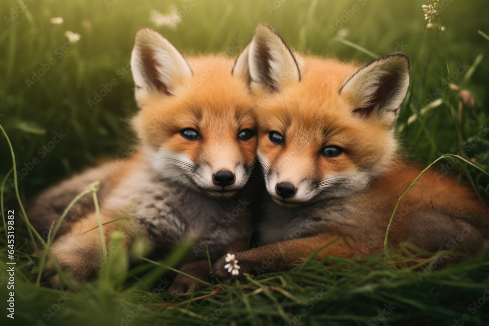 Wild red fox cubs next to each other on the green grass