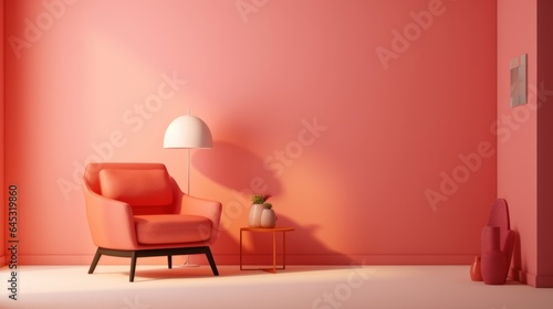 Stylish minimalist interior of modern cozy living room in pastel orange and pink tones. Comfortable trendy armchair  coffee table  floor lamp  creative interior details. Mockup  3D rendering.