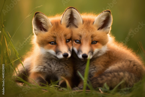 Wild red fox cubs next to each other on the green grass © Venka