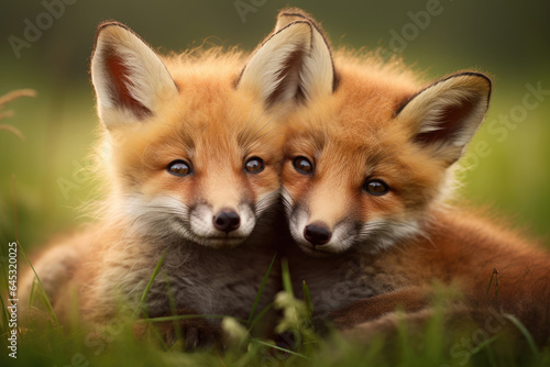 Wild red fox cubs next to each other on the green grass