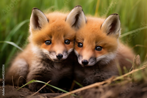 Wild red fox cubs next to each other on the green grass © Venka
