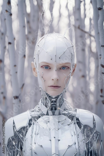 Hyro Collection · Android Woman in Snow White forest · Winter · Nature and technology · Sci-fi · Futuristic Humanoid Robot · Digital Art. photo