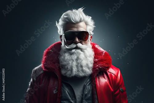 portrait of a modern santa claus with red sunglasses and red winter jacket on dark blue background photo
