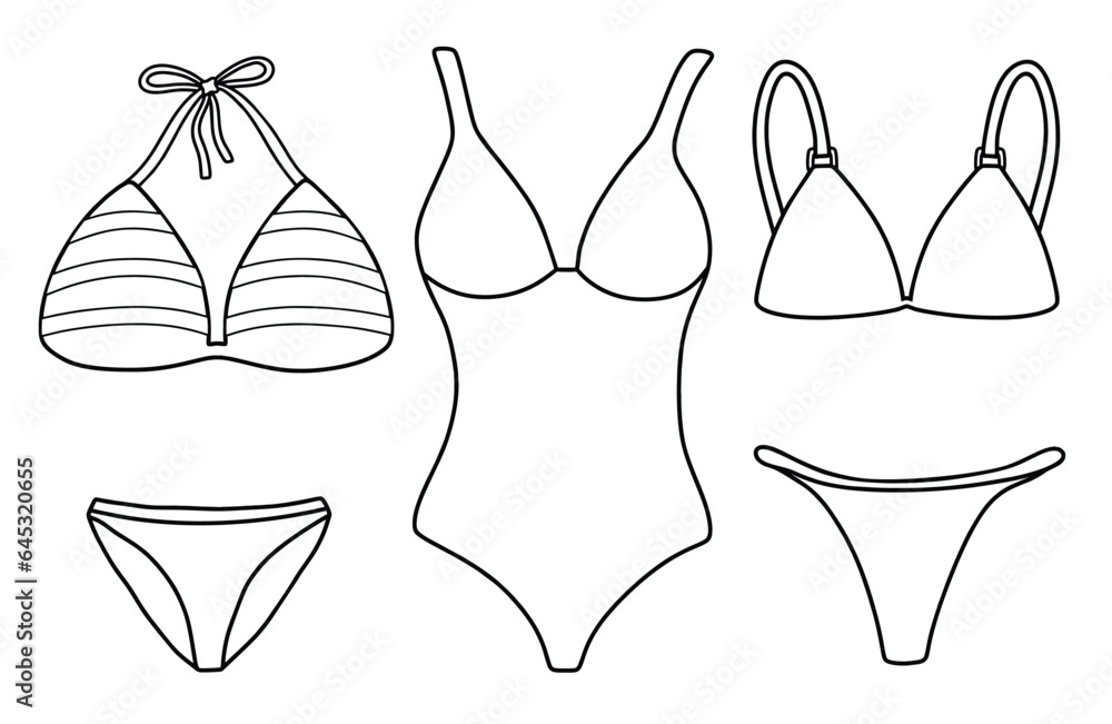 hand drawn bikini set. bikini Line art doodle black isolated on white