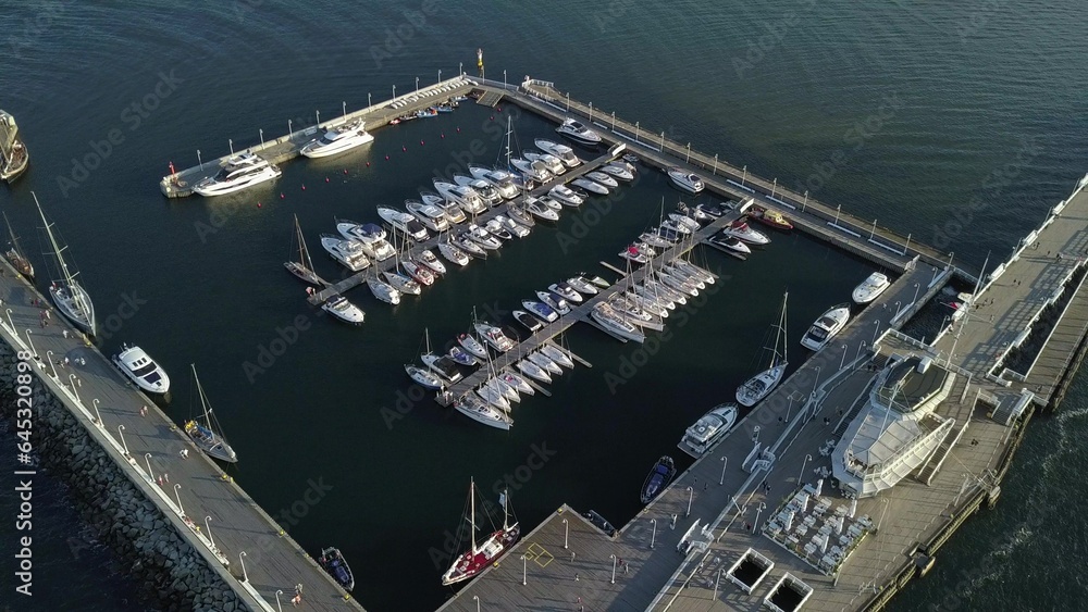 Aerial of Yachts in Marina And Wooden Pier in Sopot Poland