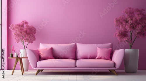 Stylish minimalist interior of modern cozy living room in pastel pink and purple tones. Trendy couch with cushions  coffee table  exotic plants  creative design details. Mockup  3D rendering.