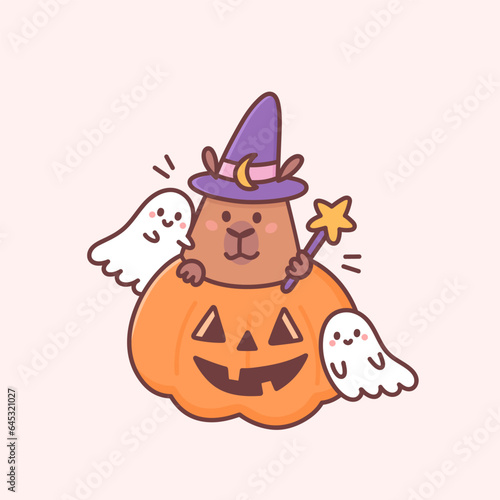Animal capybara - wizard, in pumpkin jack-o'-lantern and little cute ghosts. Cartoon characters in kawaii style. Print for Halloween. Autumn vector illustration isolated on beige background