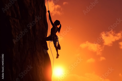 Rock climber in the evening a young woman of Caucasian descent ascends a difficult route on an overhanging cliff. Adventure and Extreme Sport Concept Generative AI © Dmytro