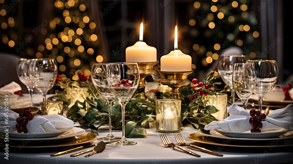 Elegant Christmas table setting with candles, holly, and golden cutlery, emphasizing festive elegance. Elegant Christmas table setting with candles, holly, and golden cutlery, emphasizing festive elegance.