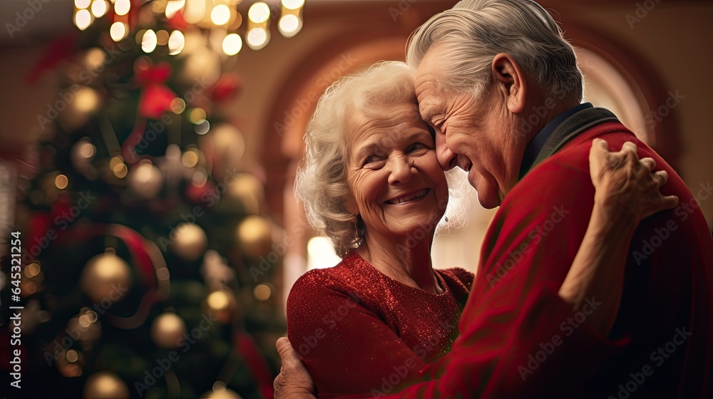 Elderly couple sharing a warm embrace under mistletoe, capturing timeless love during holidays. Elderly couple sharing a warm embrace under mistletoe, capturing timeless love during holidays.
