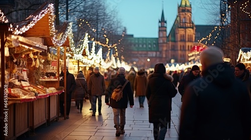 Christmas market bustling with people and twinkling lights, showcasing festive shopping.