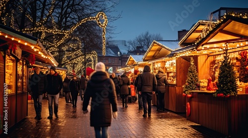 Christmas market bustling with people and twinkling lights, showcasing festive shopping.