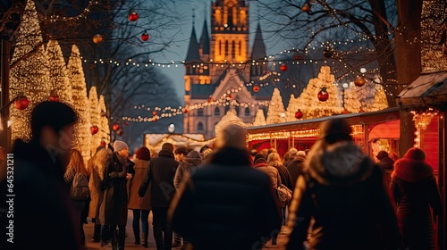 Christmas market bustling with people and twinkling lights, showcasing festive shopping. © Filip