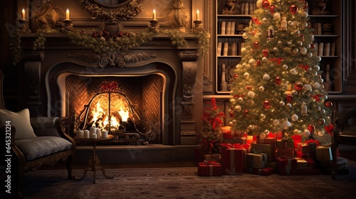 Classic Christmas tree adorned with ornaments and lights, set against a warm fireplace.