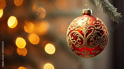 Close-up of a Christmas ornament hanging from a tree, showcasing intricate details.