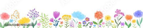 Fototapeta Naklejka Na Ścianę i Meble -  Horizontal banner with flowers. Spring flowering plants on a white background. Floral backdrop with summer wildflowers. Glade of beautiful herbs. Vector illustration.