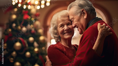 Elderly couple sharing a warm embrace under mistletoe, capturing timeless love during holidays.