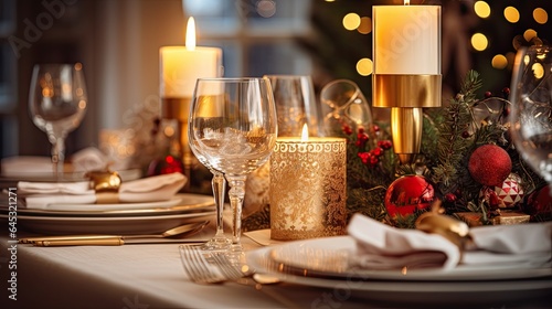 Elegant Christmas table setting with candles  holly  and golden cutlery  emphasizing festive elegance.