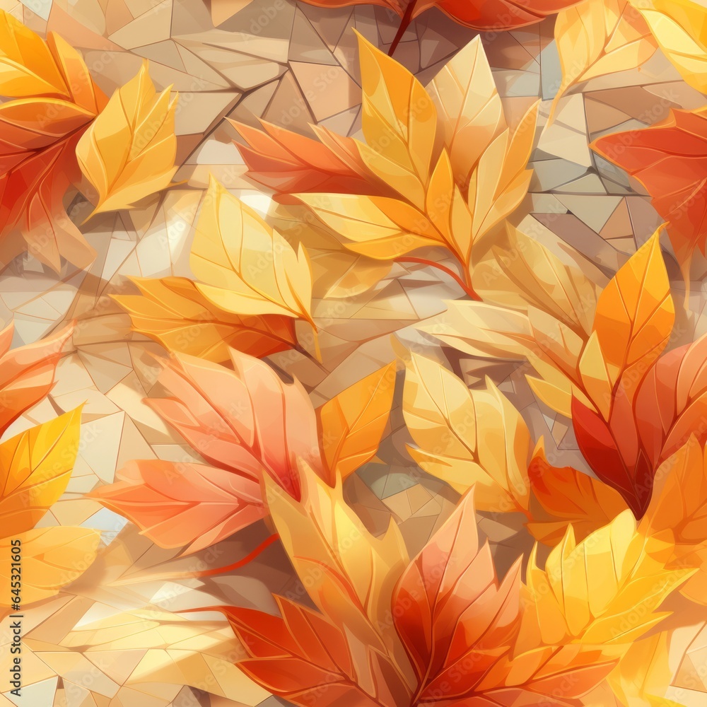 Fototapeta premium Whimsical Autumn Leaves Tile Pattern with Ancient Ruins Background.