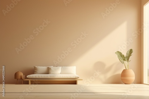 A room with a couch and a potted plant. Imaginary illustration. Product stage, background.