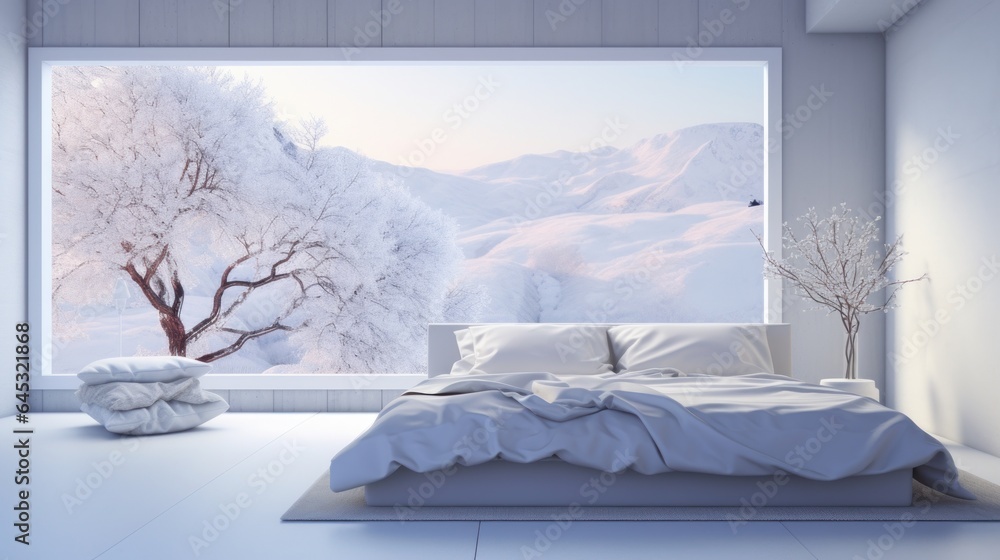 Interior of minimalist scandi style bedroom in luxury cottage or hotel. White walls, simple wooden bed, floor-to-ceiling window overlooking picturesque winter landscape. Mockup, 3D rendering. Interior of minimalist scandi style bedroom in luxury cottage or hotel. White walls, simple wooden bed, floor-to-ceiling window overlooking picturesque winter landscape. Mockup, 3D rendering.