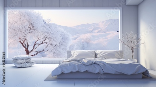Interior of minimalist scandi style bedroom in luxury cottage or hotel. White walls, simple wooden bed, floor-to-ceiling window overlooking picturesque winter landscape. Mockup, 3D rendering.