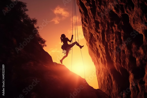 Rock climber in the evening a young woman of Caucasian descent ascends a difficult route on an overhanging cliff. Adventure and Extreme Sport Concept Generative AI