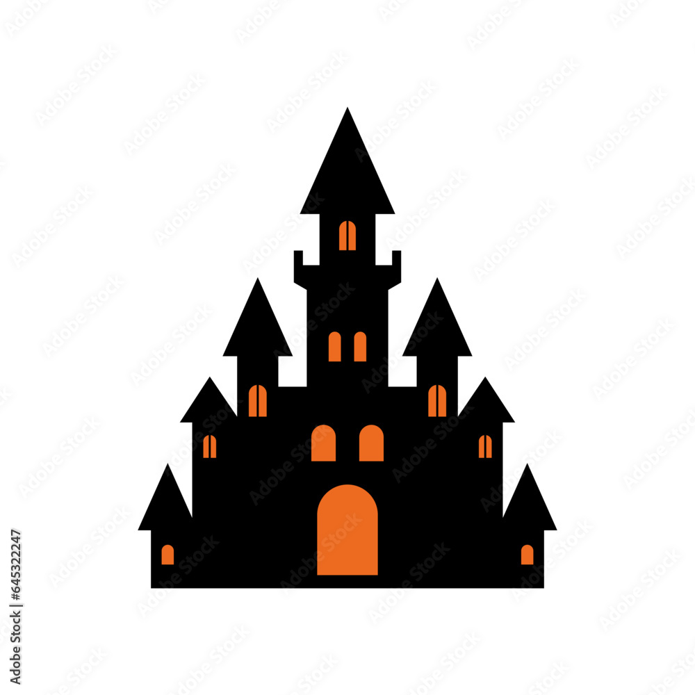 Halloween horror black castle with orange light window and door icon vector flat illustration