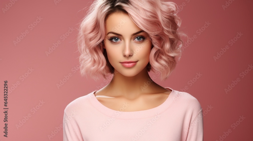 Happy young woman wearing pink sweater on pink background Happy young woman wearing pink sweater on pink background