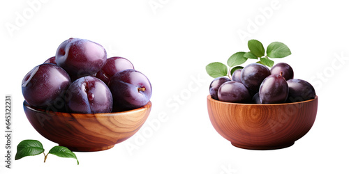 transparent background isolates wooden bowl with ripe plums photo