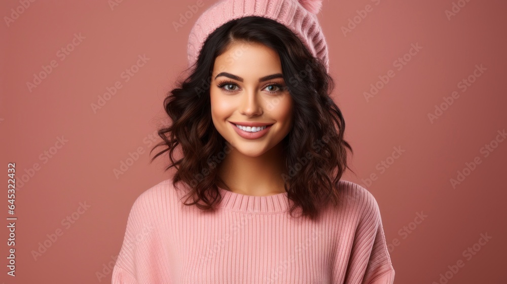 Happy young woman wearing pink sweater on pink background Happy young woman wearing pink sweater on pink background