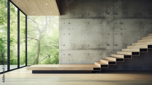 Interior of loft style room in luxury villa. Empty concrete walls  wooden floor and ceiling  wooden staircase  panoramic window with garden view. Contemporary home design. Mockup  3D rendering.