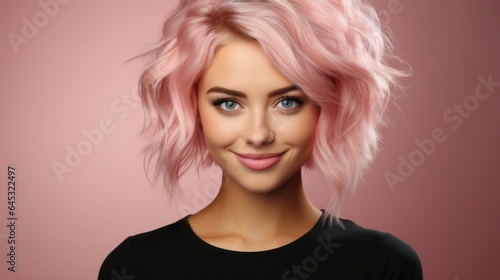 Happy young woman wearing pink sweater on pink background