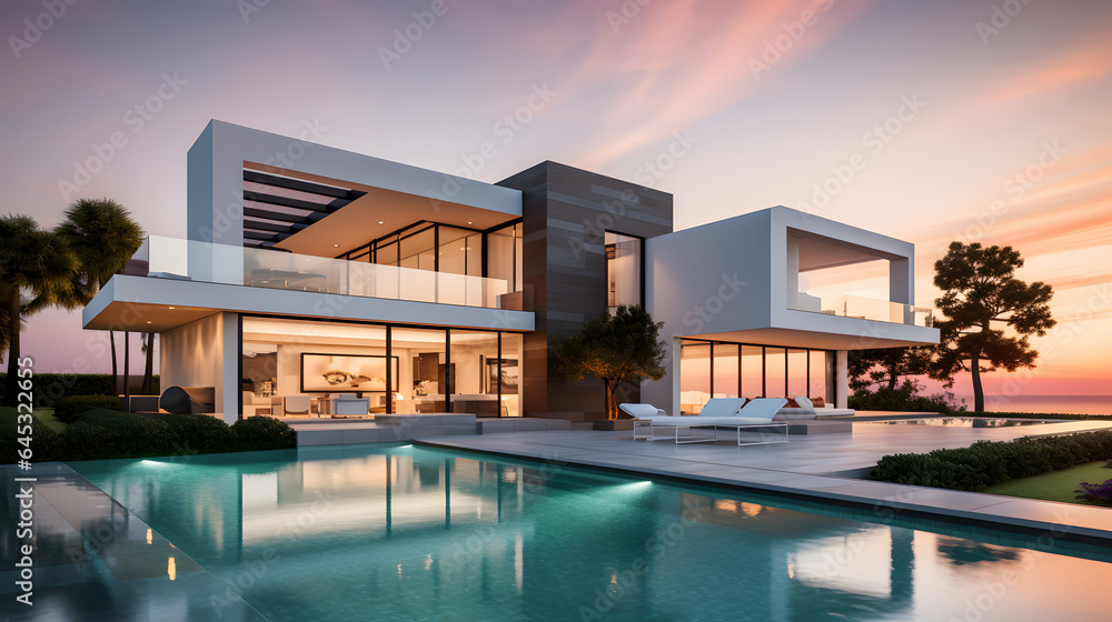 Sunset Over Modern Cubic Villa with Pool