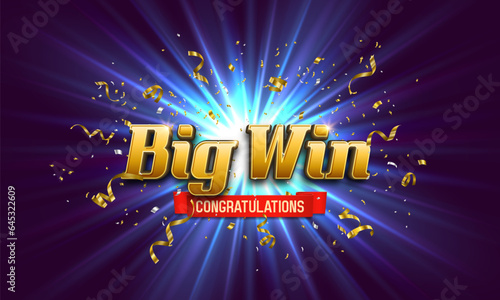 Shining sign Big Win with confetti on bright background. Vector illustration.