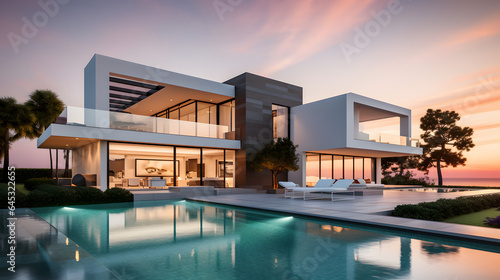 Sunset Over Modern Cubic Villa with Pool © Blake