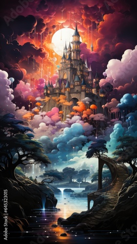 A painting of a castle surrounded by clouds. Imaginary illustration.