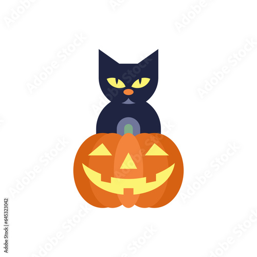 Halloween pumpkin with black cat creepy cute character kids icon vector flat illustration © provectors