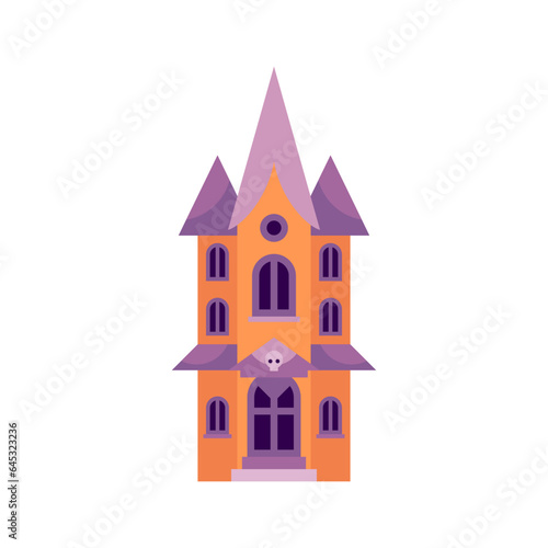 Fairytale gothic castle Halloween house with skull ghost kids icon vector flat illustration
